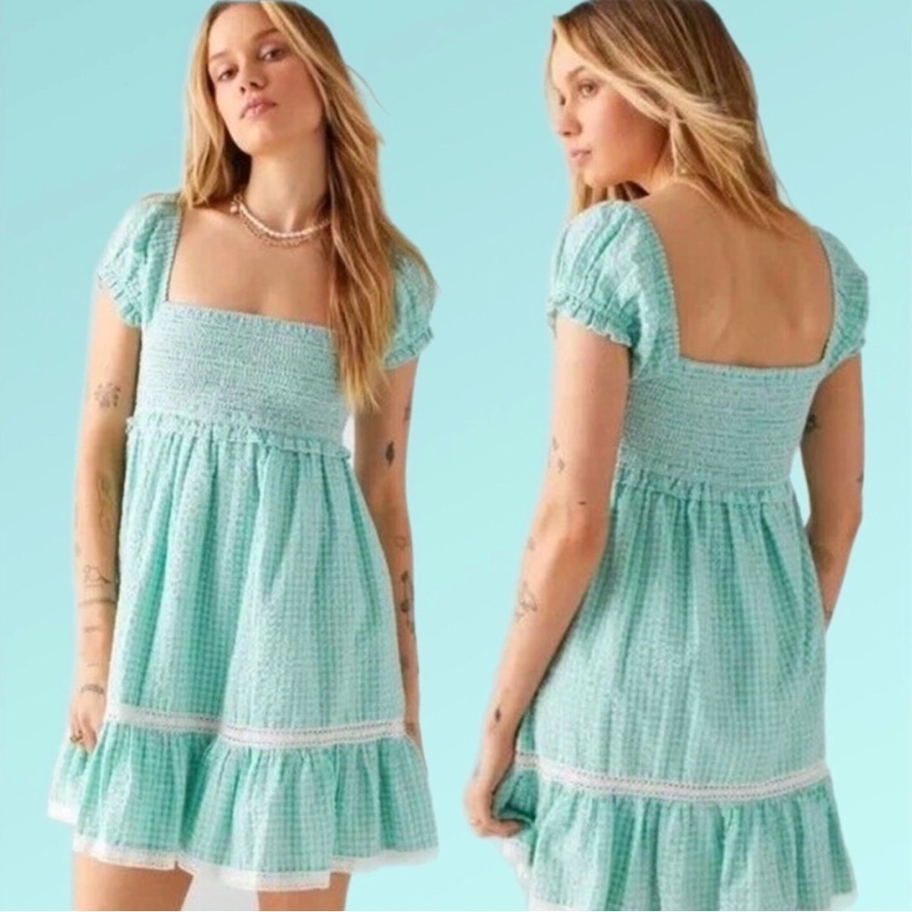 Urban Outfitters Marseille Gingham Mini Dress Green White Cottagecore Milkmaid M